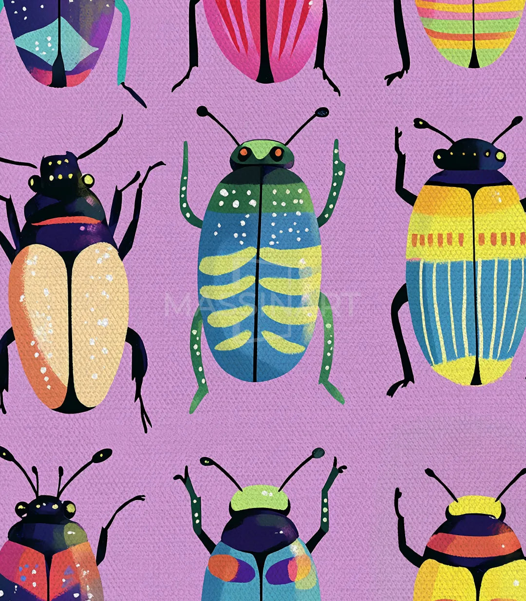 Detalle insectos coloridos Insecta, ilustración naturalista estilizada, Massinart