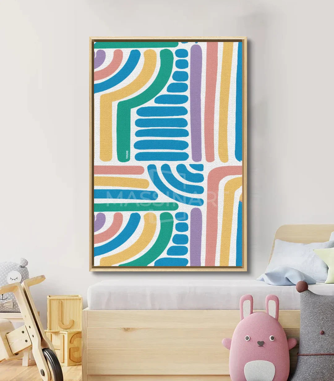 Detalle cuadro Playful Paths formas abstractas y colores vivos — Massinart
