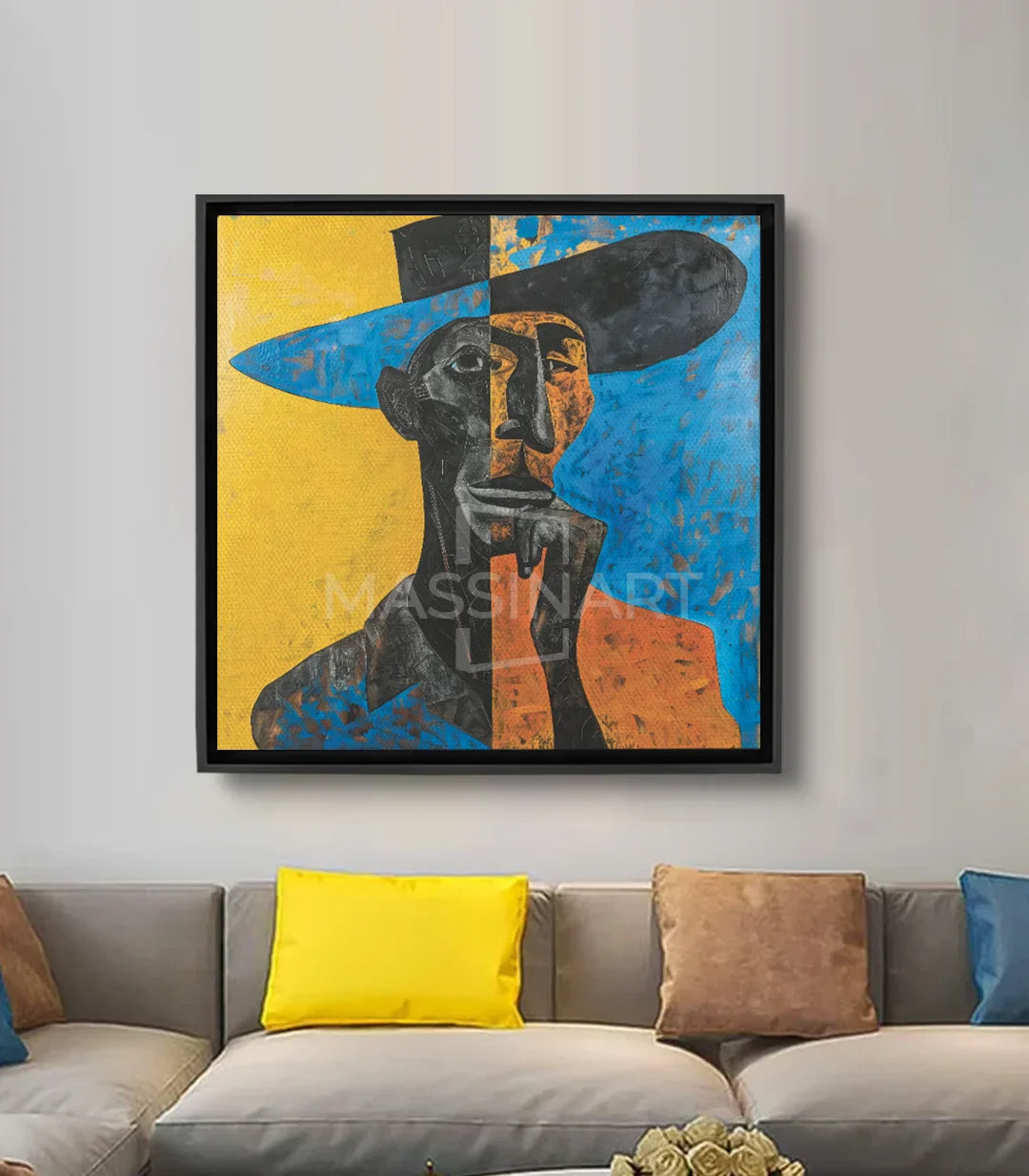 Cuadro retrato cubista Perhaps — figura geométrica con sombrero azul, amarillo y terracota sobre lienzo