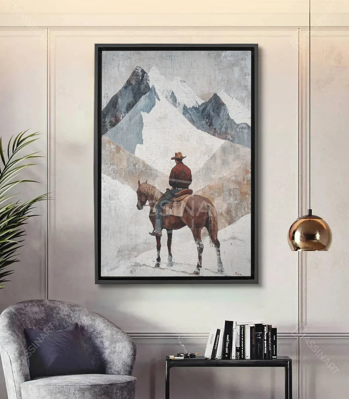 Cuadro decorativo Cowboy con jinete a caballo frente a montañas, tonos grises y blancos — Massinart