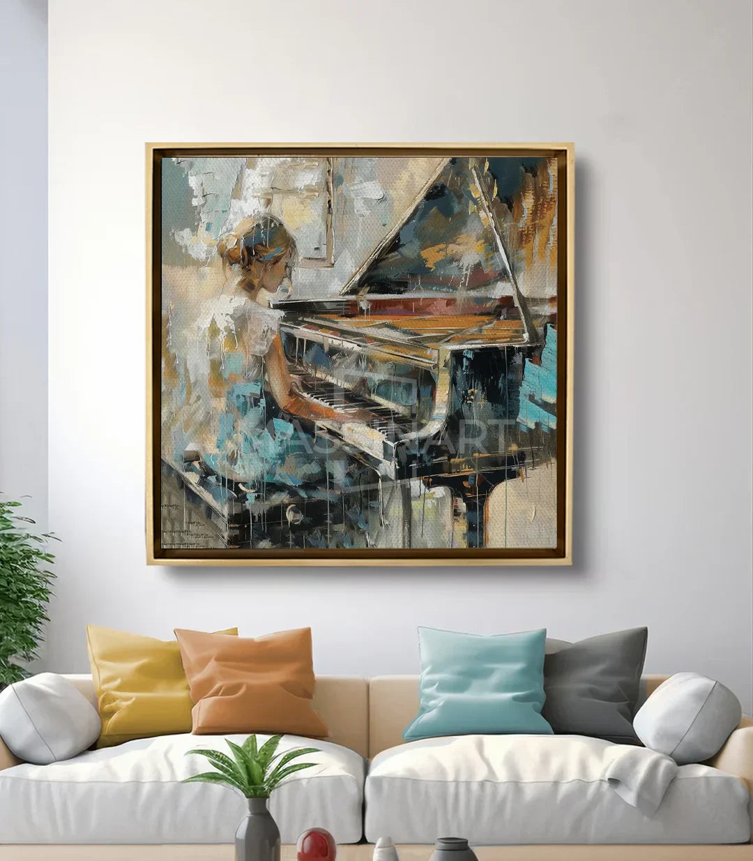 Cuadro First Note en salón moderno — lámina cuadrada sobre sofá beige, decoración mural contemporánea