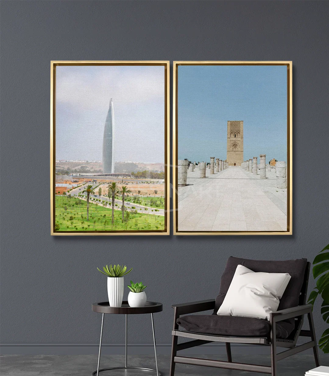 Cuadro Rabat Now & Then — díptico decorativo en salón moderno, ambientación interior