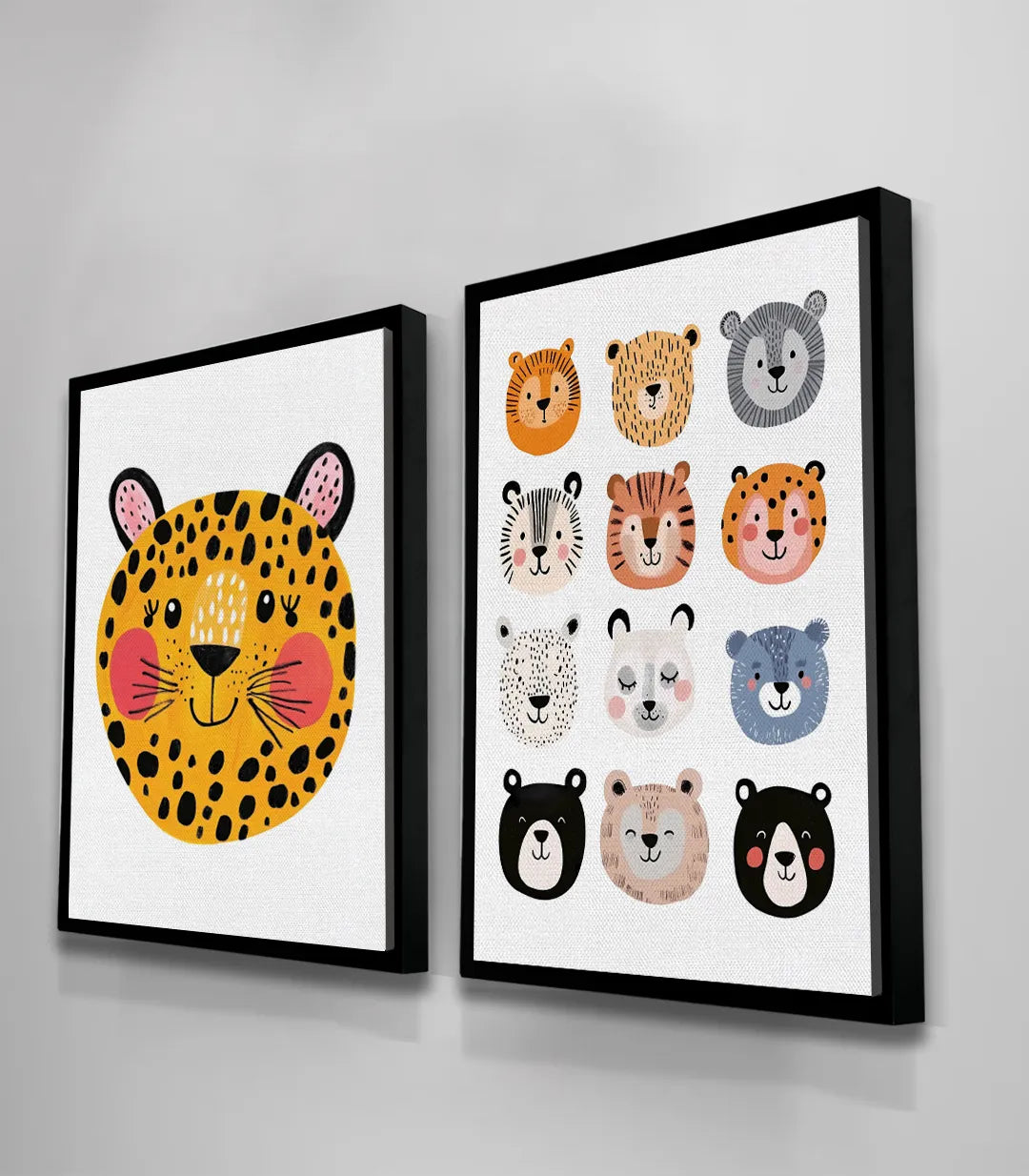 Cuadro Furry Faces ambiente decoración mural — díptico con marco negro en habitación de niño moderna