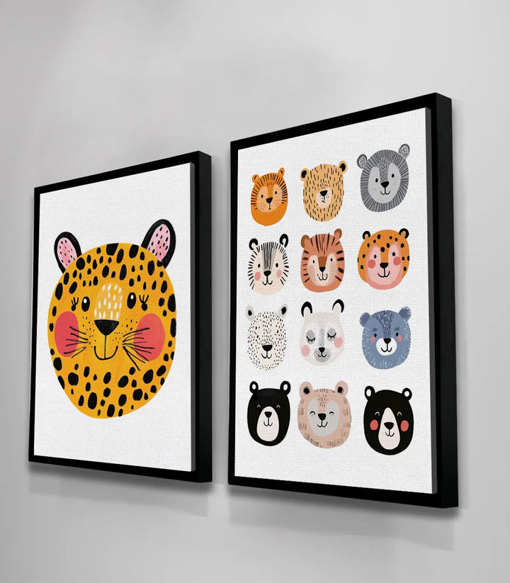 Cuadro Furry Faces ambiente decoración mural — díptico con marco negro en habitación de niño moderna