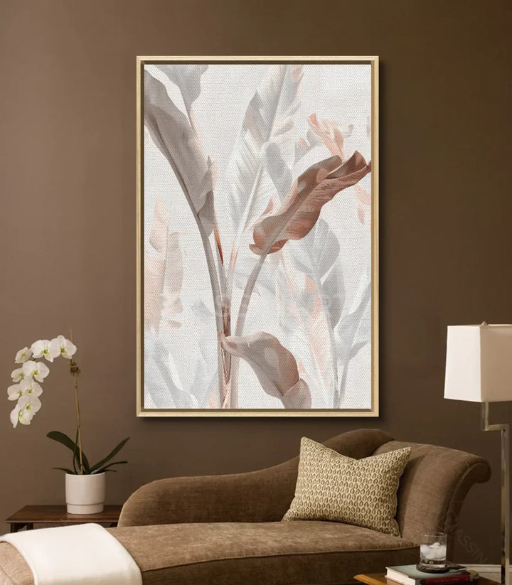 Decoración comedor con cuadro naturaleza Eden sobre sofá marrón — Massinart