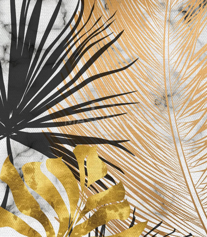Primer plano textura - hojas tropicales doradas sobre fondo mármol veteado, Massinart