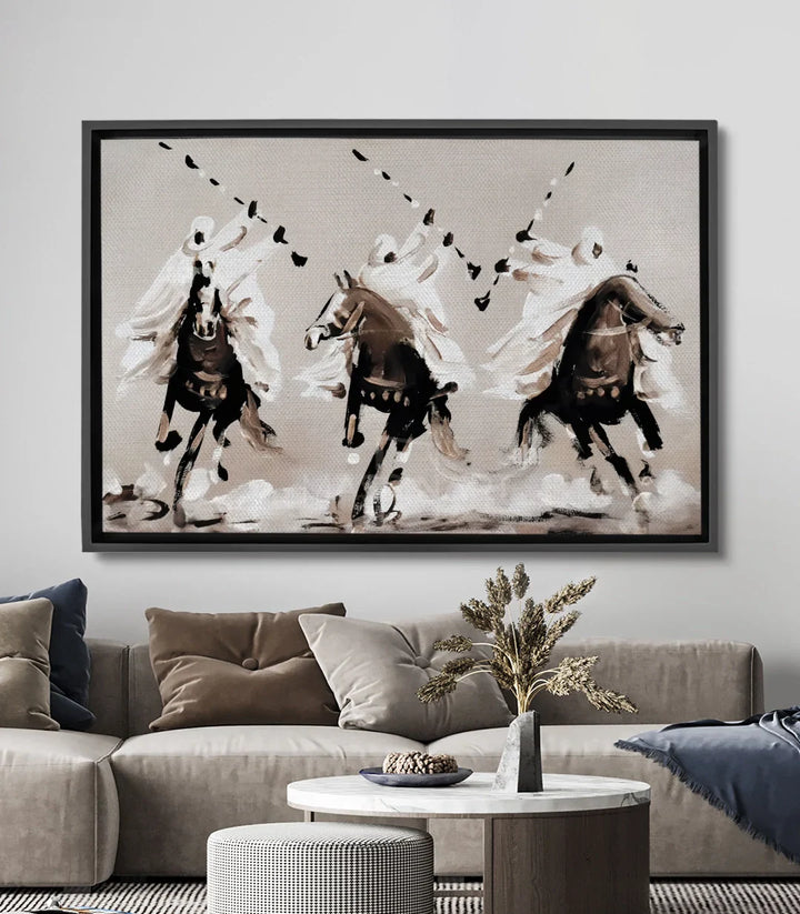 Cuadro Tbourida Echo — tres jinetes marroquíes con caballos expresionistas en tonos beige y marrón, Massinart