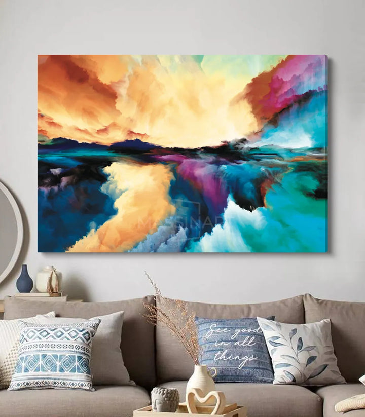 Explosion Art en marco negro horizontal, paisaje abstracto vibrante — decoración Massinart