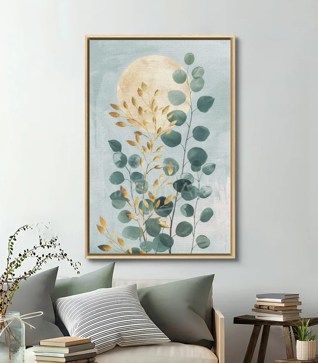 Decoración de dormitorio con cuadro botánico eucalipto Massinart — ambiente zen y sereno