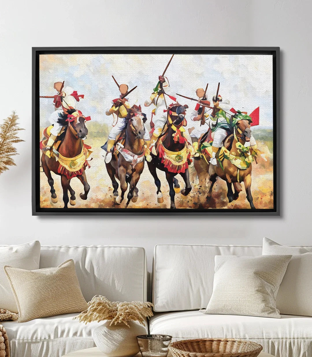 Cuadro Fantasia Spirit — jinetes marroquíes a caballo en traje tradicional dorado - Massinart