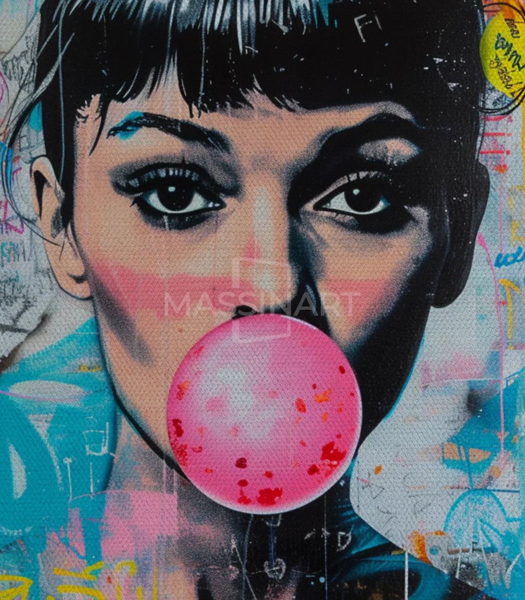 Cuadro Bubble Icons díptico — colores vivos azul amarillo rosa fondo urbano retratos, Massinart