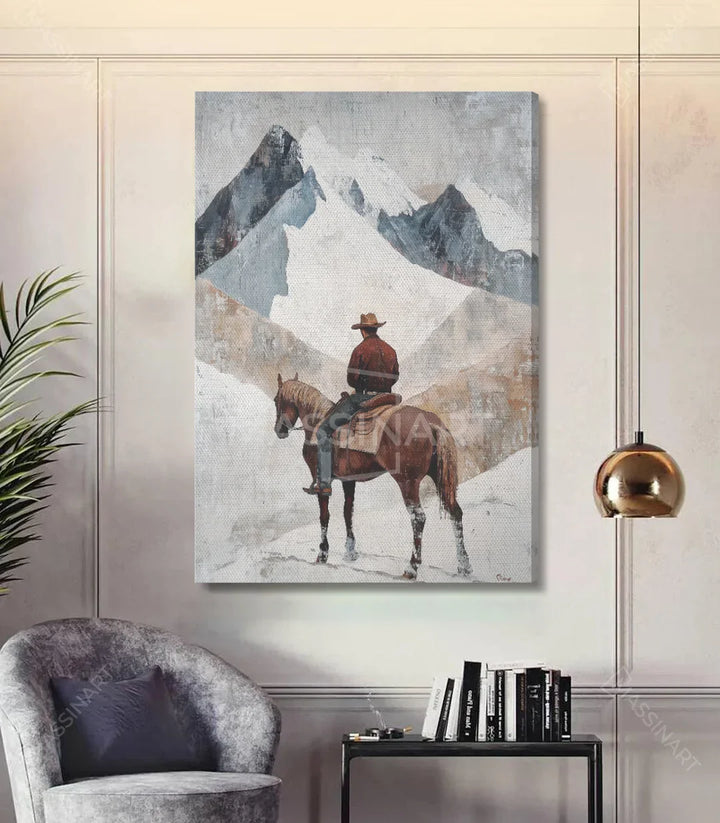 Cuadro Cowboy western vertical en dormitorio minimalista — Massinart