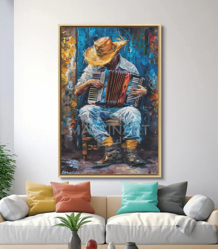 Cuadro Accordionist decoración interior salón con sofá — arte figurativo expresionista