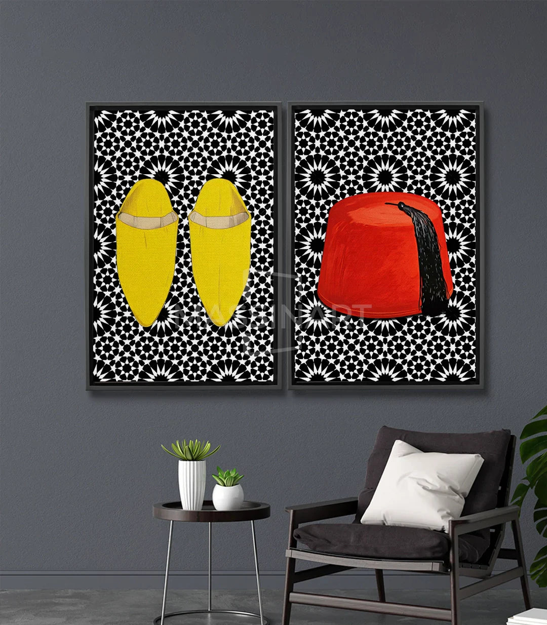 Cuadro Moroccan Elegance díptico — babuchas amarillas y tarbouch rojo sobre zellige negro y blanco, Massinart