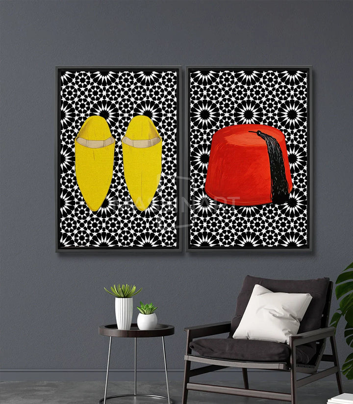Cuadro Moroccan Elegance díptico — babuchas amarillas y tarbouch rojo sobre zellige negro y blanco, Massinart