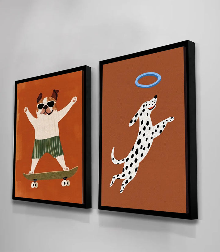 Detalle cuadro Joyful Paws — bulldog cool en monopatín, paleta naranja contemporánea, Massinart