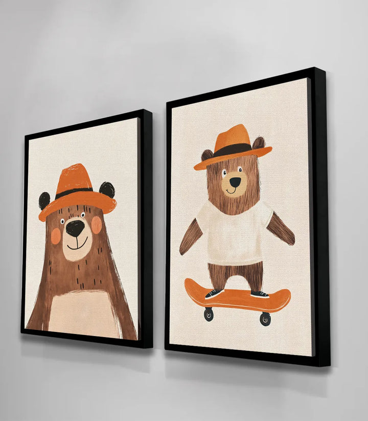 Detalle ilustración oso skateboard cuadro infantil Massinart