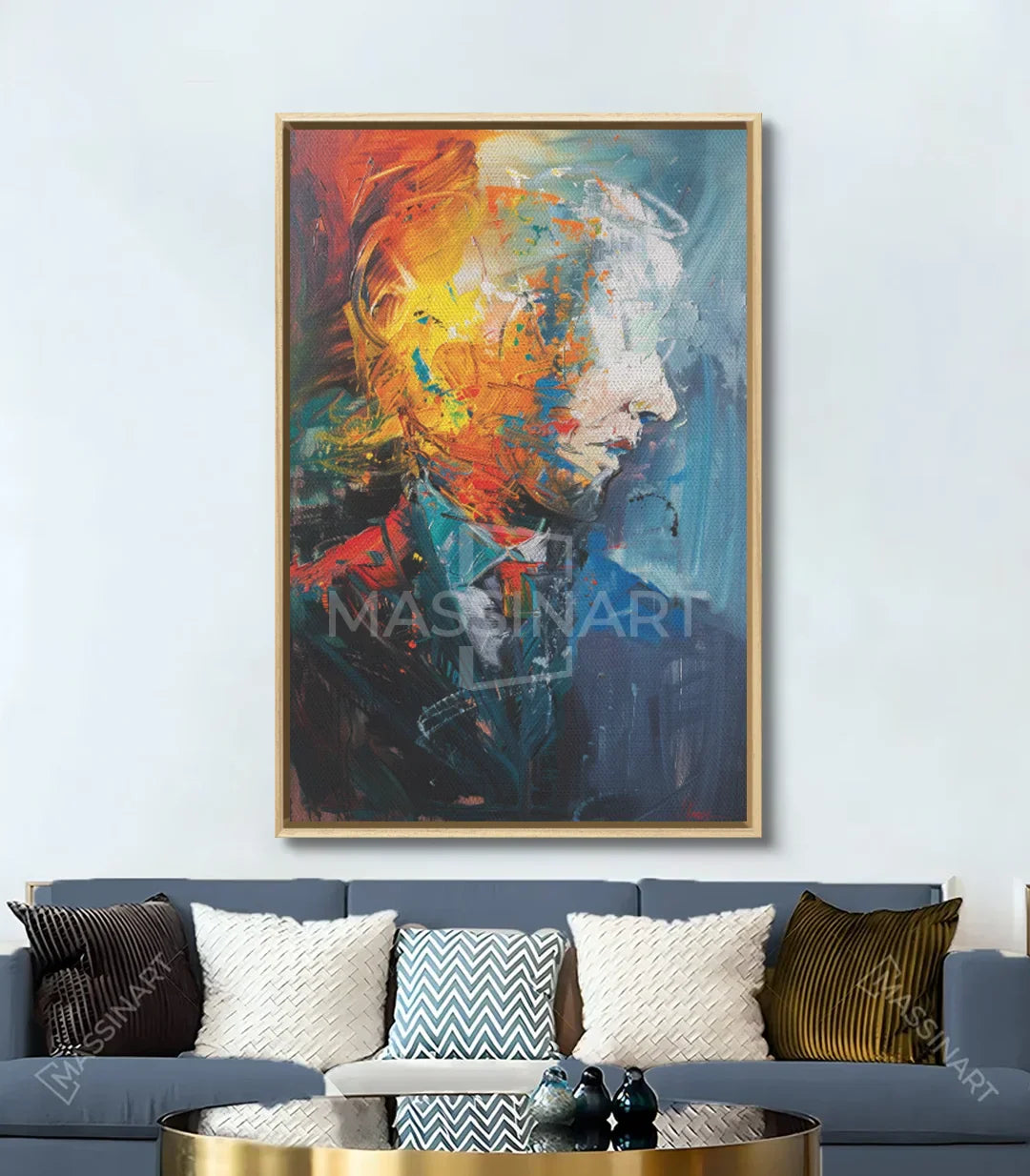 Cuadro Aura sobre pared blanca, ambientación salón contemporáneo, Massinart