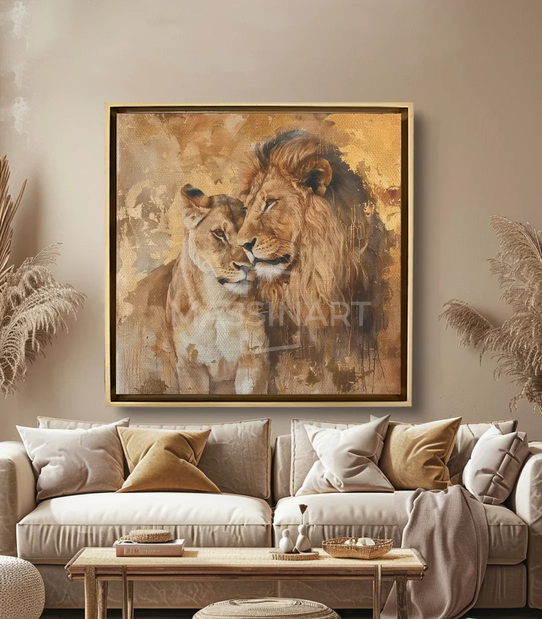 Cuadro Royal Bonds en un salón moderno, decoración sobre sofá con tonos cálidos Massinart