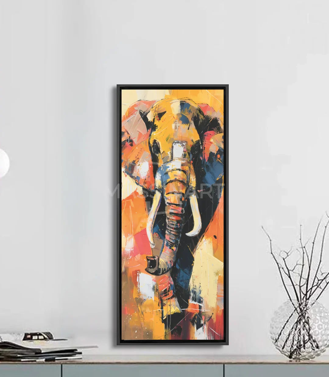 Cuadro Gentle Giant elefante expresionista en tonos naranja, amarillo y azul — Massinart