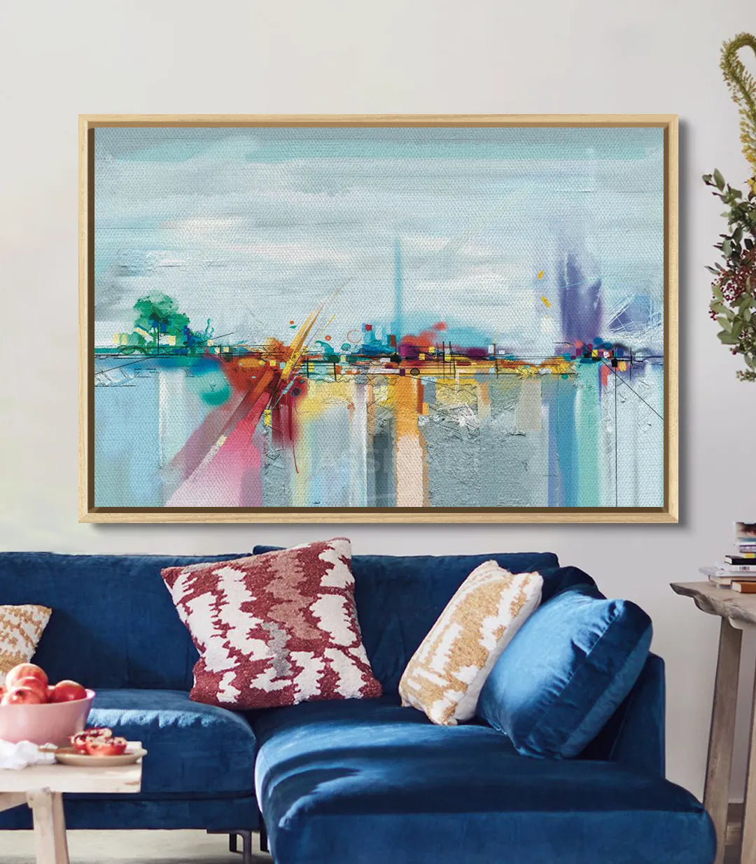 Decoración de salón con cuadro horizontal colorido de horizonte y reflejos — Massinart