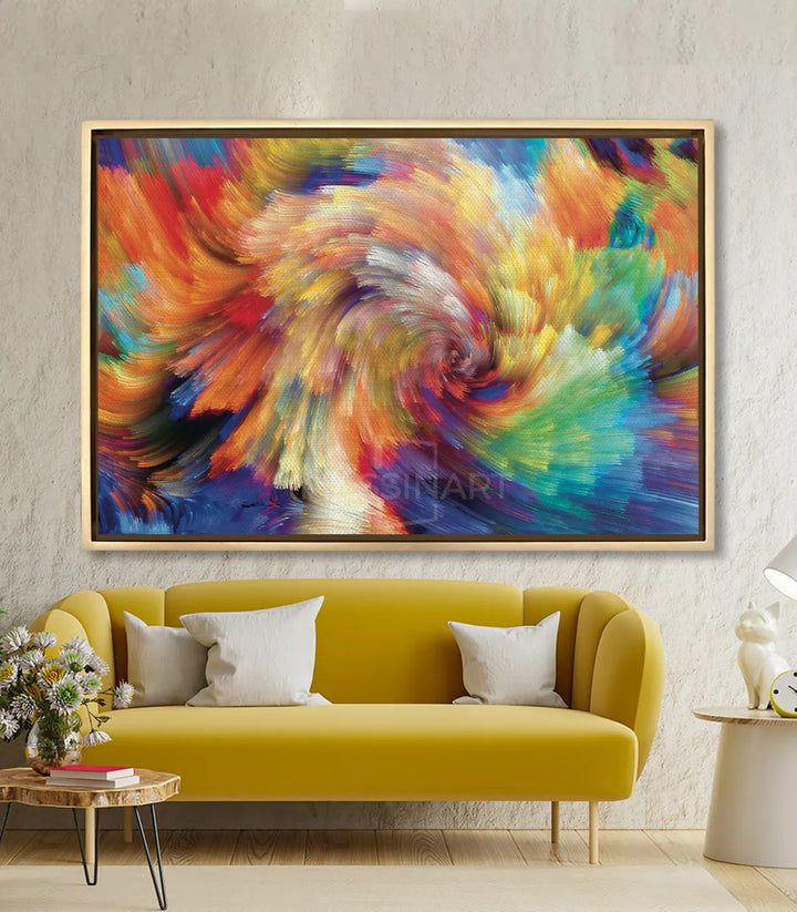 Cuadro abstracto colorido sobre sofá amarillo en salón moderno — decoración mural contemporánea Massinart