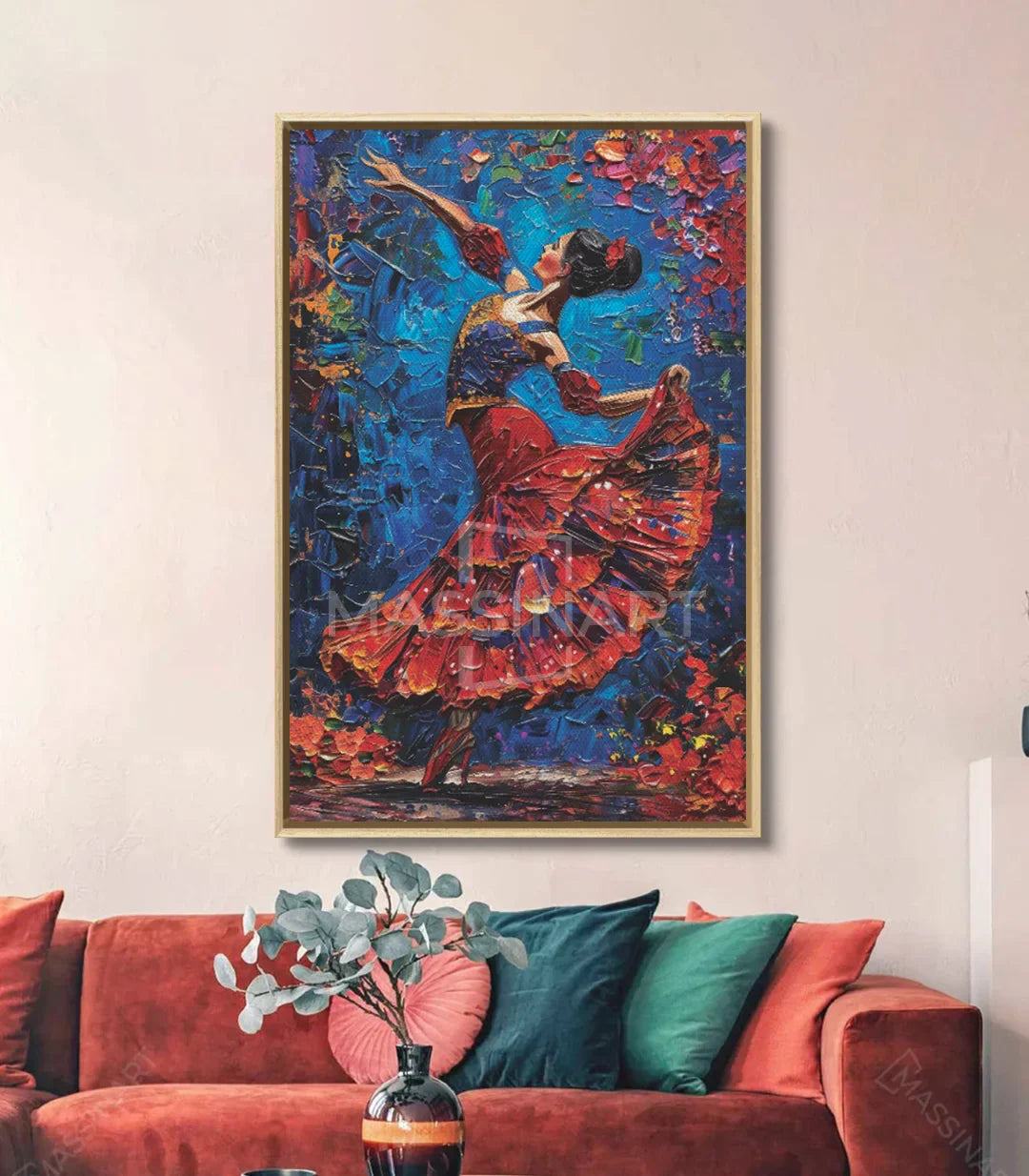 Decoración interior contemporánea — cuadro de danza flamenca en paleta rojo y azul Massinart