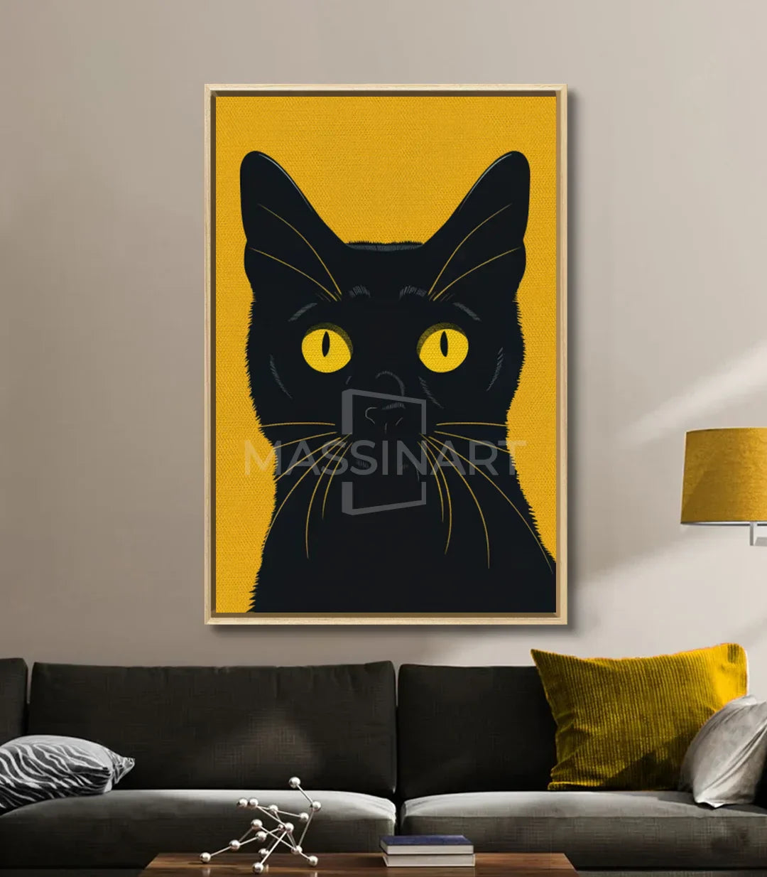 Detalle cuadro pop-art gato negro, mirada intensa con ojos amarillos — Massinart