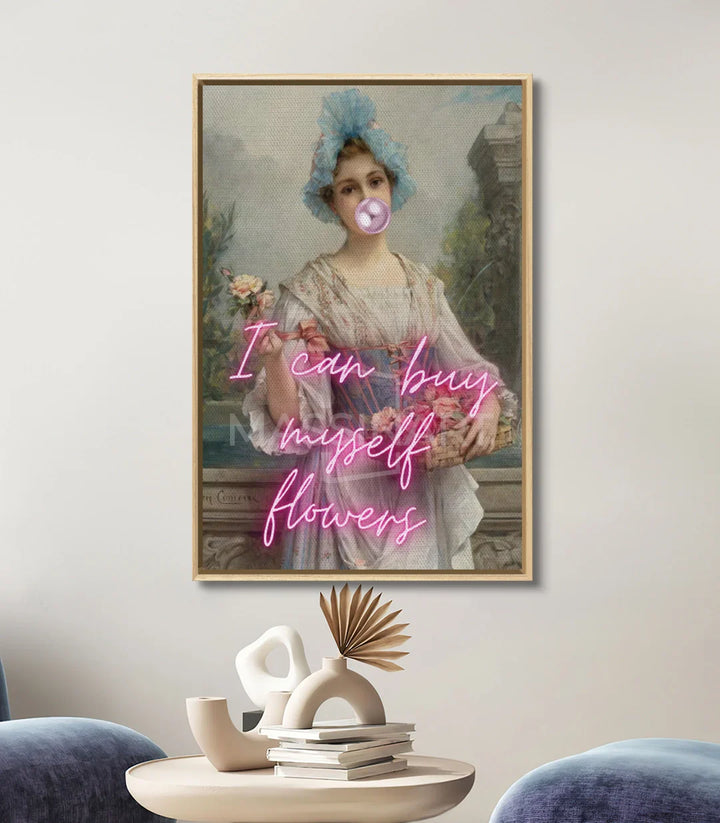 Decoración de pasillo — cuadro vintage mujer neón rosa Massinart ambiente minimalista