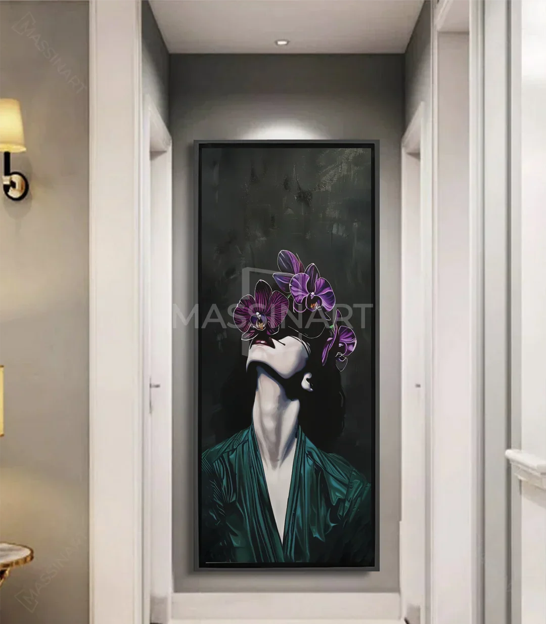 Cuadro retrato mujer orquídea — silueta turquesa sobre fondo negro, estilo figurativo minimalista | Massinart