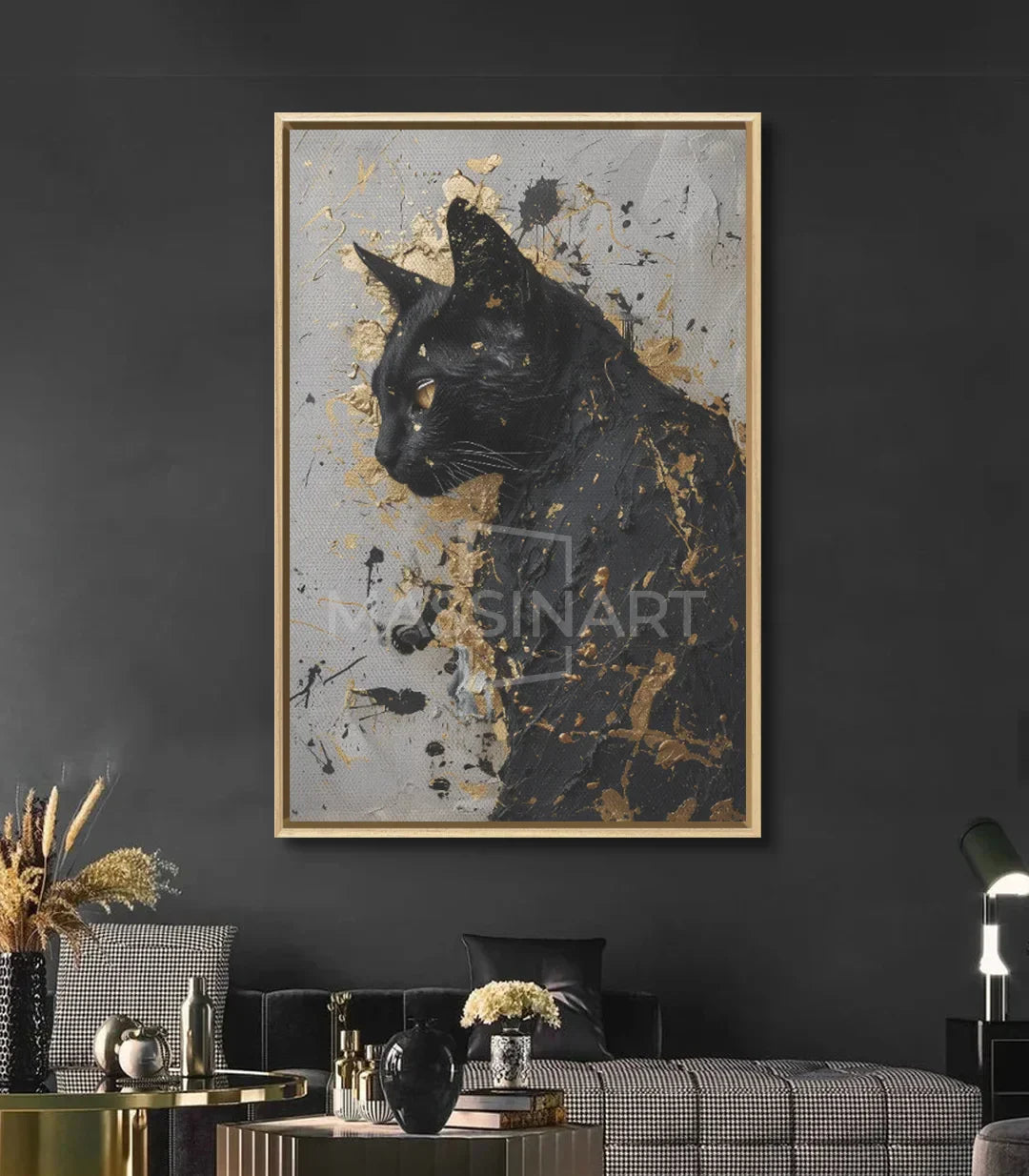 Decoración pared gris — cuadro animalístico gato negro Massinart