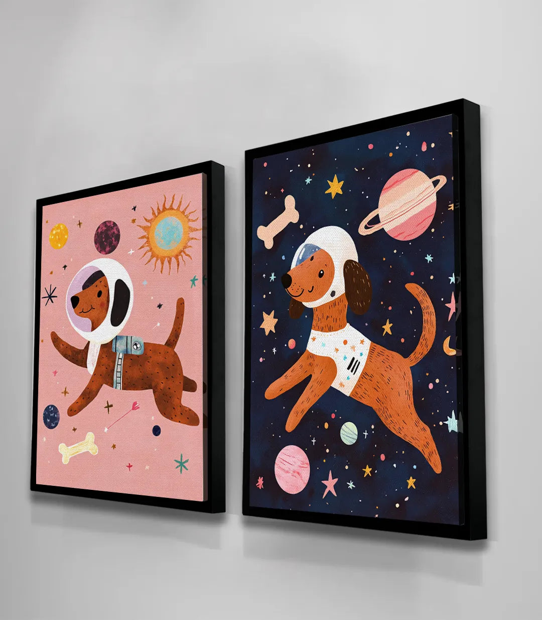 Habitación infantil decorada con díptico Astro Dogs perros astronautas rosa azul — Massinart