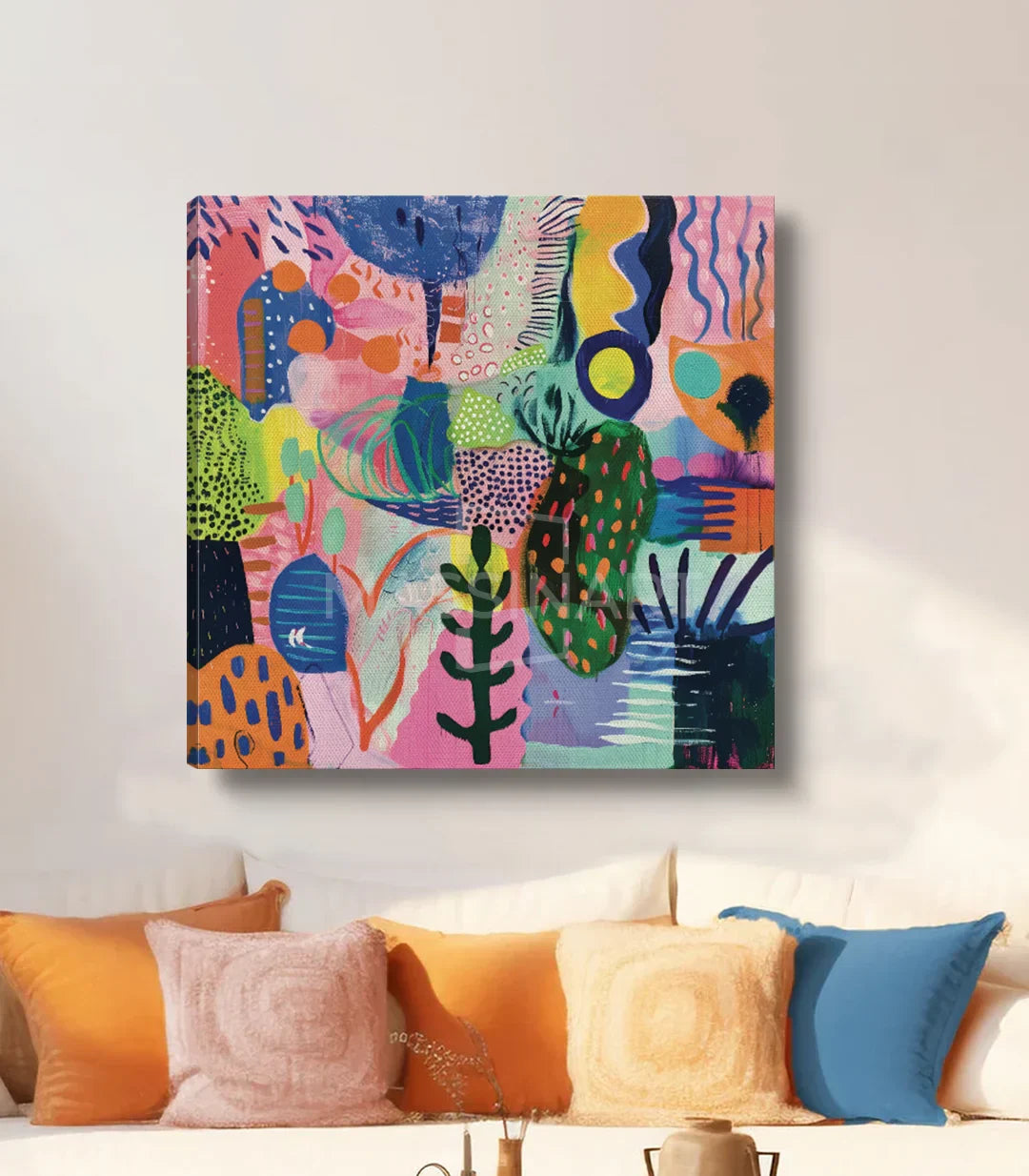 Cuadro Sylvan Muse en ambiente de salón con sofá, tonos naranja, blanco y azul — Massinart