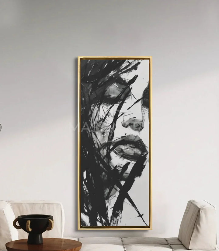 Cuadro Unbroken en salón moderno — retrato blanco y negro enmarcado sobre sofá, Massinart