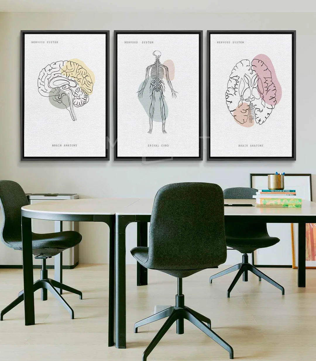 Cuadro Neural Network tríptico anatómico Massinart — ilustración lineal cerebro en beige