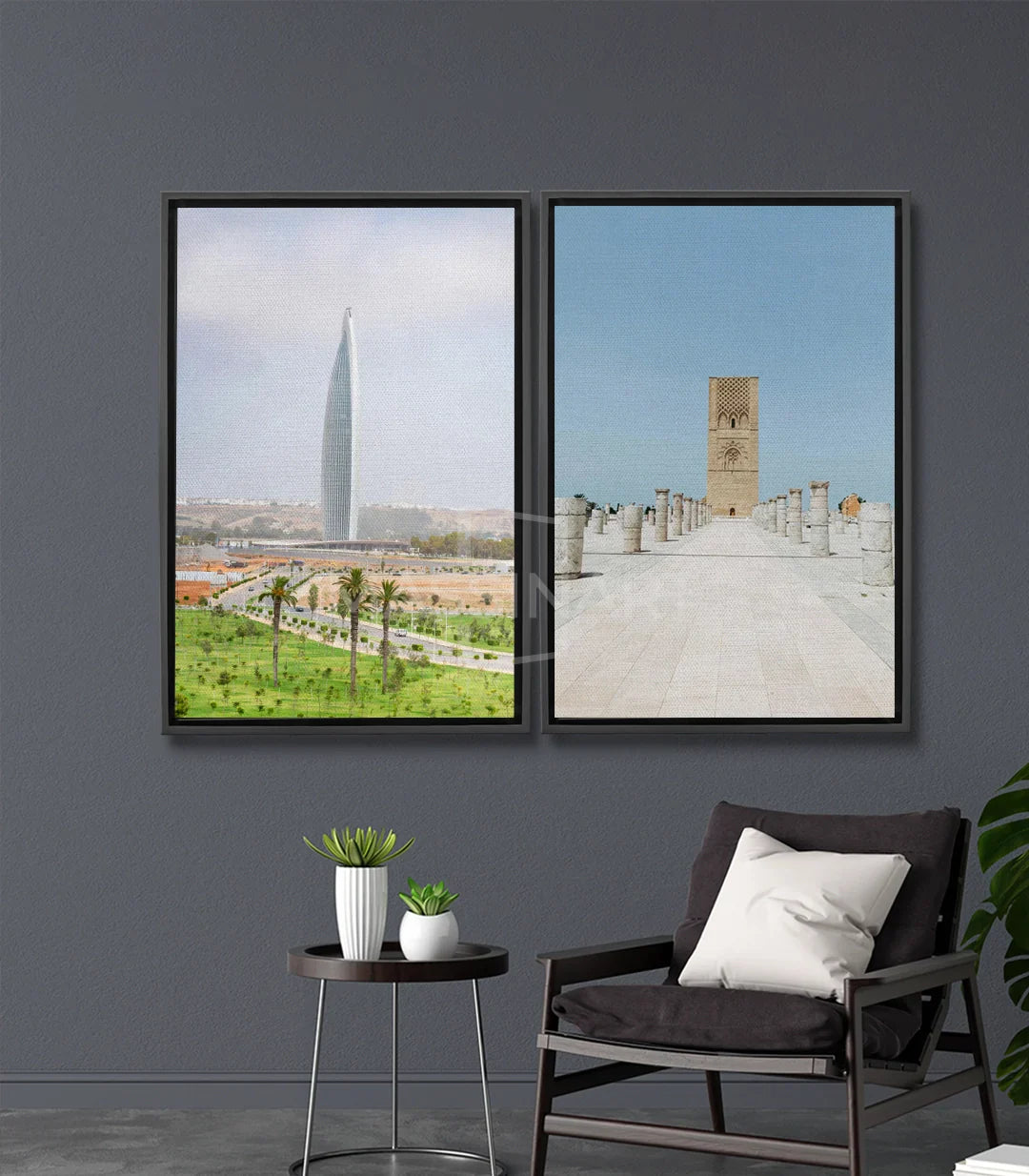 Cuadro Torre Hassan Rabat — arquitectura blanca minarete y paisaje verde, photo-art