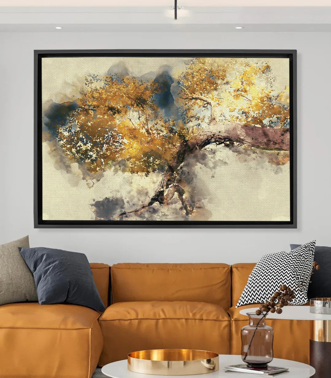Cuadro Striving Branch Massinart — rama abstracta en acuarela con tonos dorados y beige sobre fondo negro