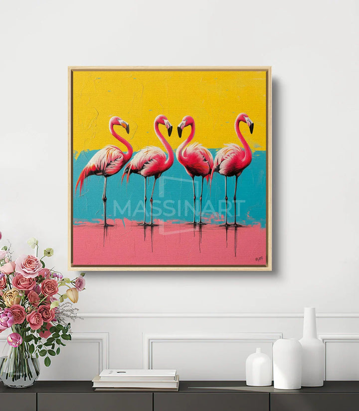 Cuadro Flamingo Quartet decorando un comedor, ambiente colorido y contemporáneo Massinart