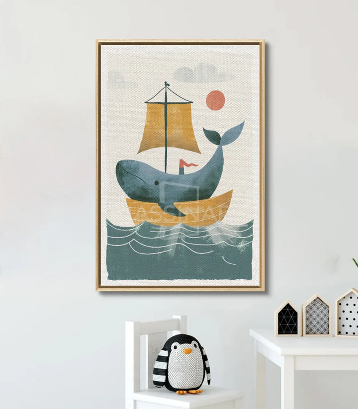 Decoración interior habitación — cuadro Whale Ride ilustración marina minimalista Massinart