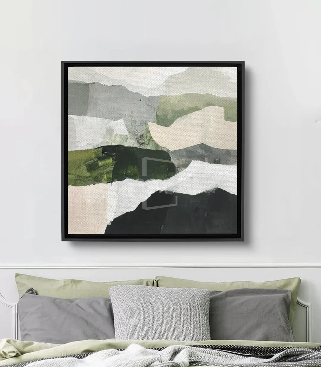 Cuadro Zenith abstracto cuadrado — paisaje geométrico montañas gris y verde Massinart