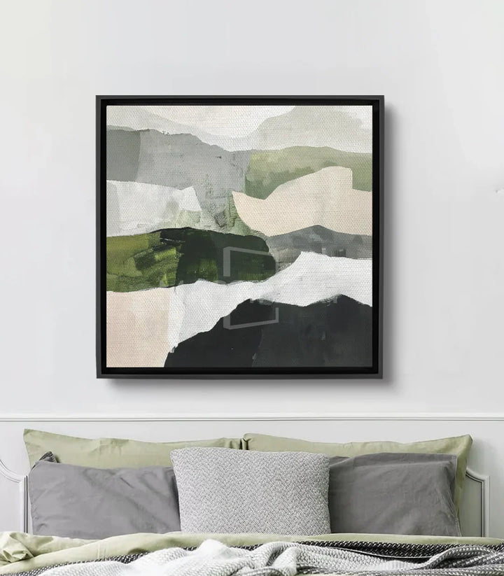 Cuadro Zenith abstracto cuadrado — paisaje geométrico montañas gris y verde Massinart