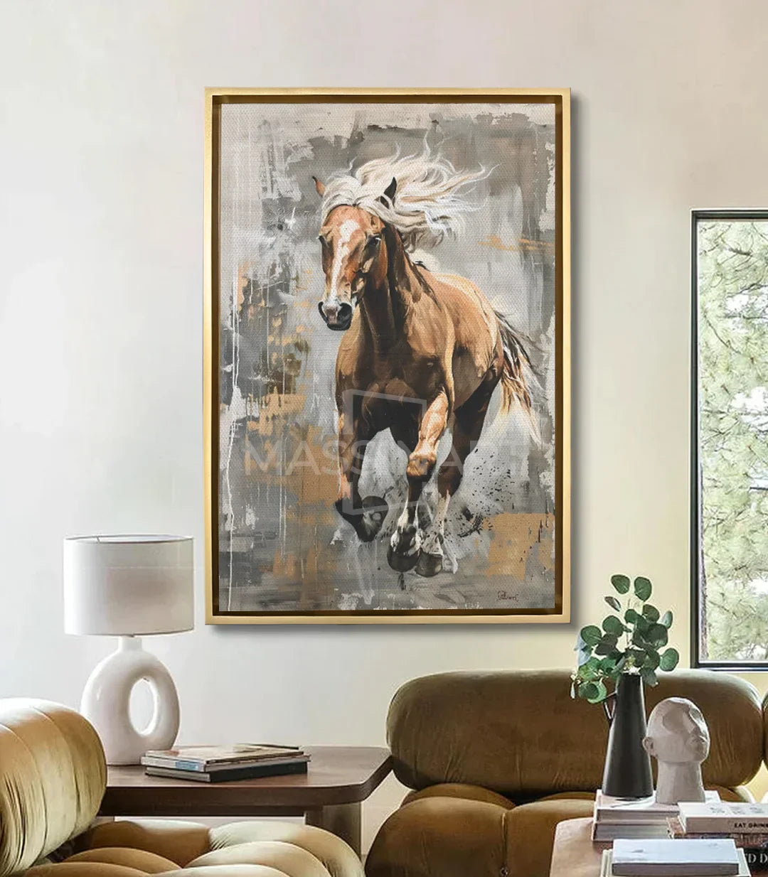 Cuadro Boundless en salón moderno, caballo al galope sobre pared decorativa — Massinart