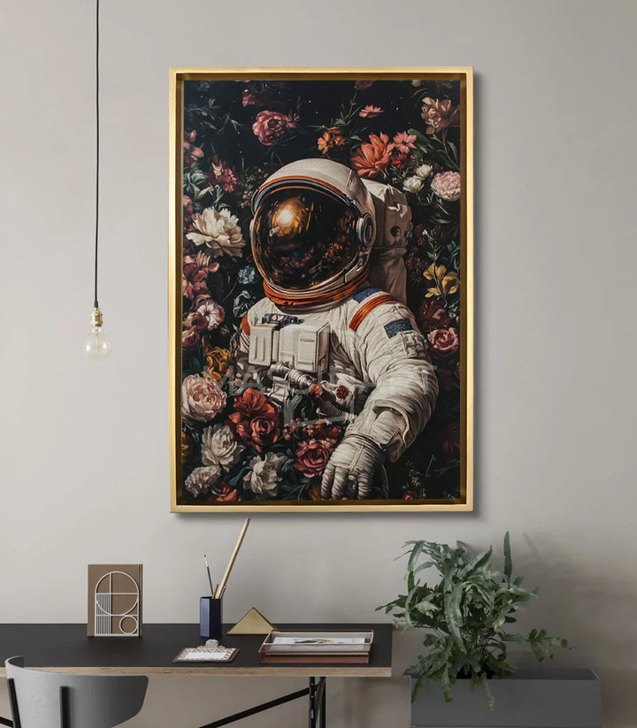 Cuadro Astral Garden en salón moderno — decoración mural vertical con astronauta y flores, Massinart