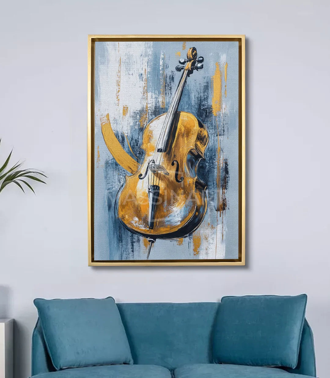 Cuadro Cello Massinart — decoración salón moderno sobre sofá azul