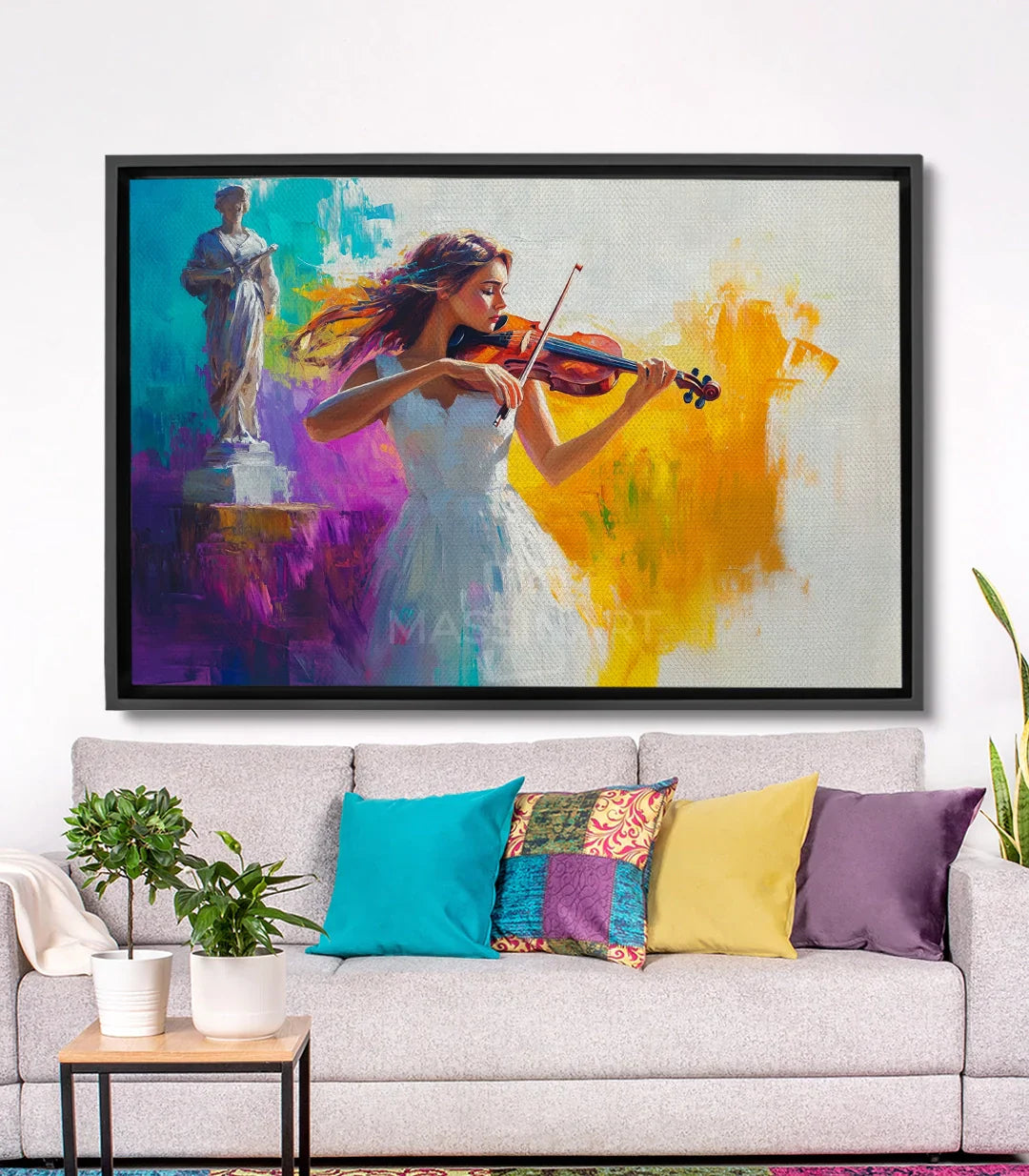 Cuadro Charmed Melody mujer violinista colorida — lienzo expresionista azul turquesa amarillo rosa