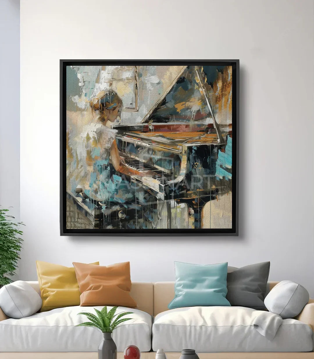Cuadro First Note de Massinart — pianista al piano negro, estilo expresionista, tonos turquesa, dorado y blanco