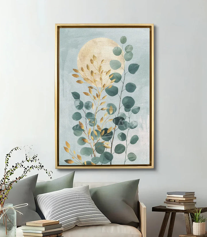 Cuadro Rise and Shine en salón moderno sobre sofá — decoración mural eucalipto y luna dorada