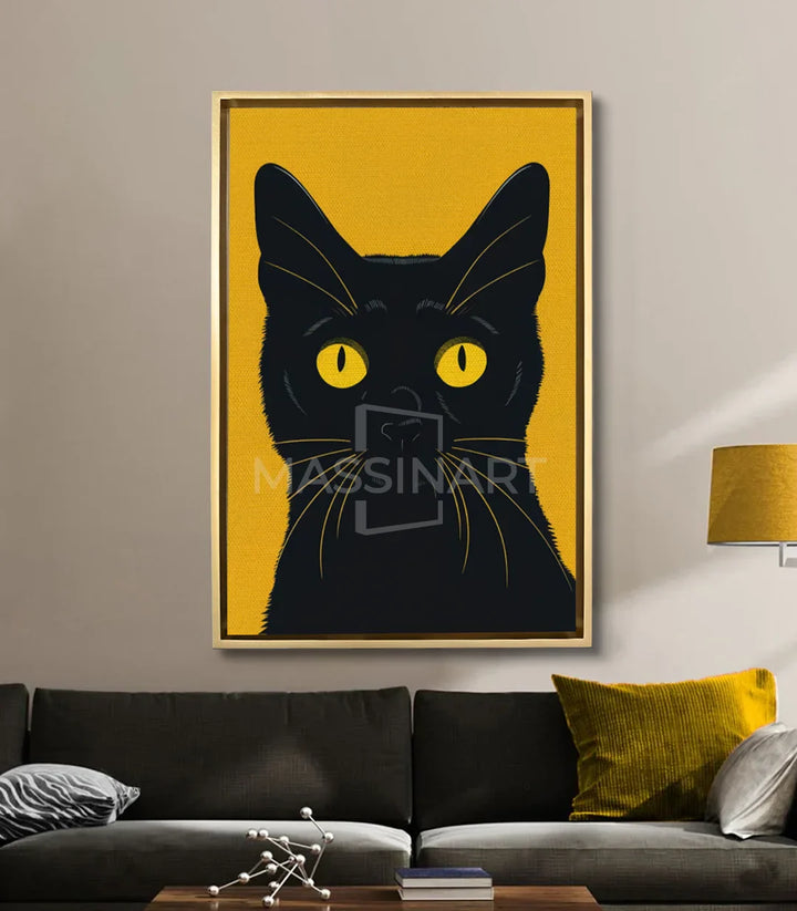 Ambientación salón moderno con cuadro de gato negro y amarillo sobre sofá — Massinart