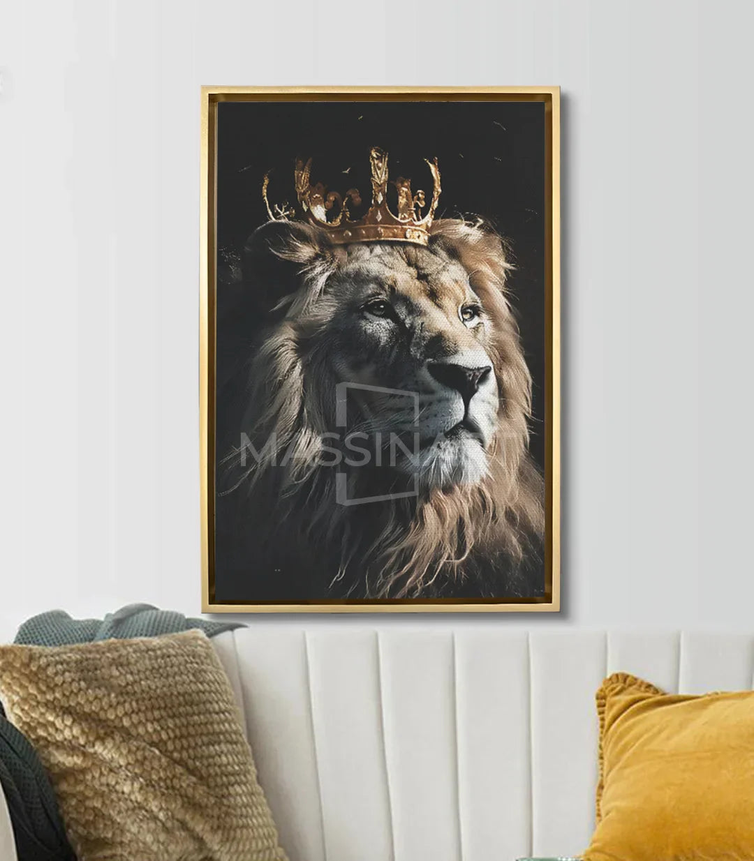 Cuadro The King en salón moderno: león coronado en blanco y negro — decoración mural Massinart