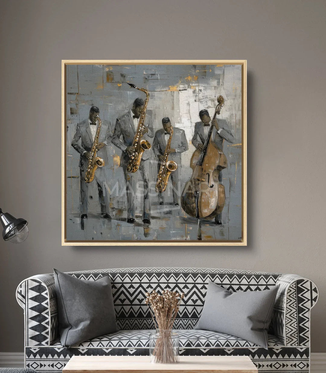 Decoración de interior — Cuadro Band Vibes enmarcado en negro sobre pared gris claro, Massinart